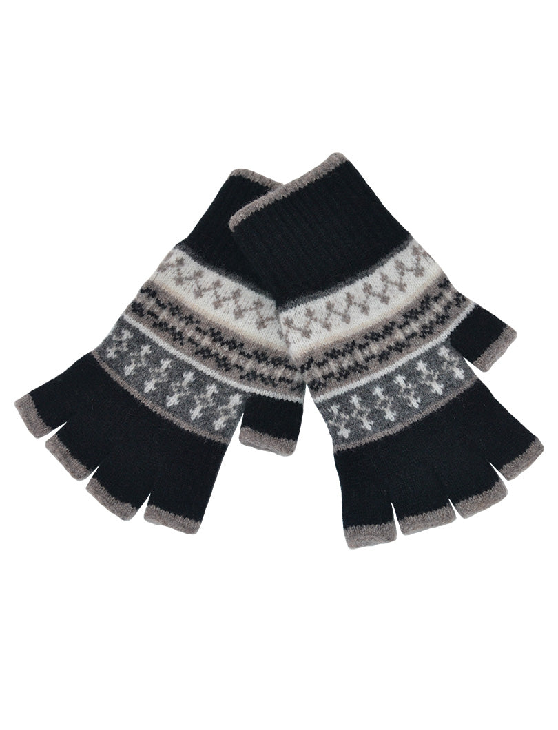 black wool fair isle fingerless gloves marischal pattern