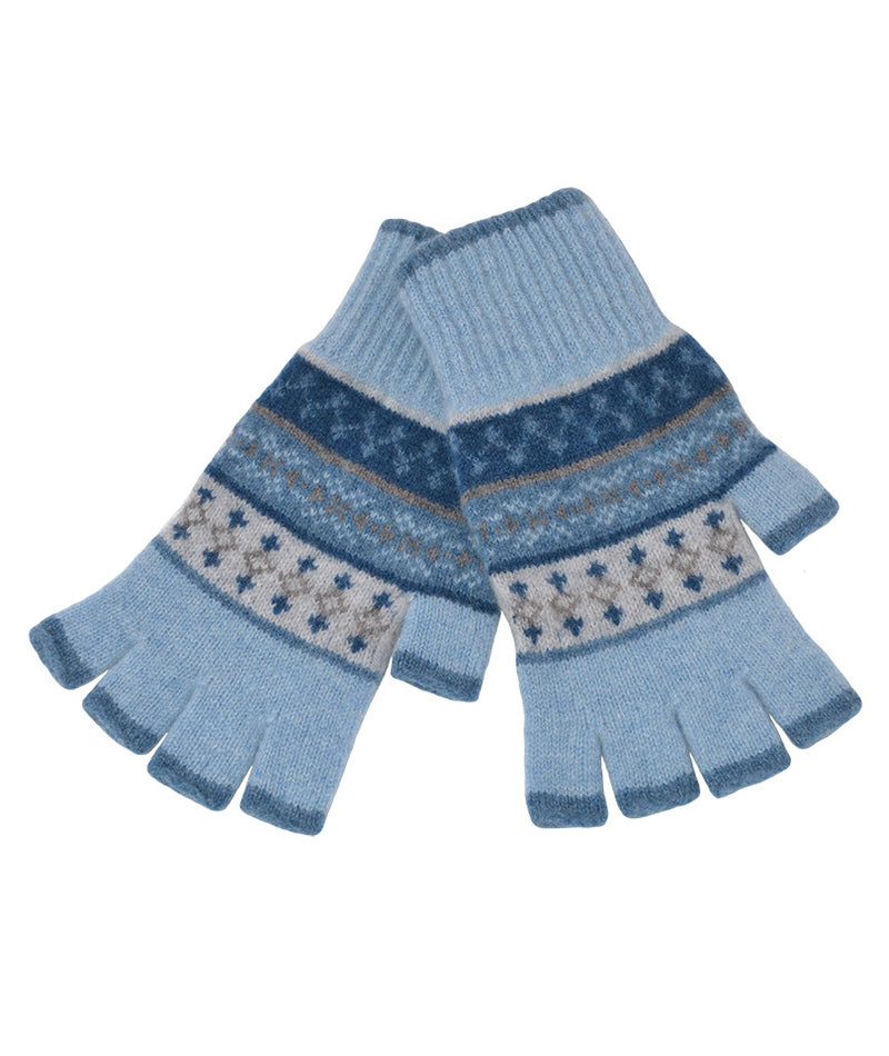 pale blue wool fair isle fingerless gloves in Marischal pattern