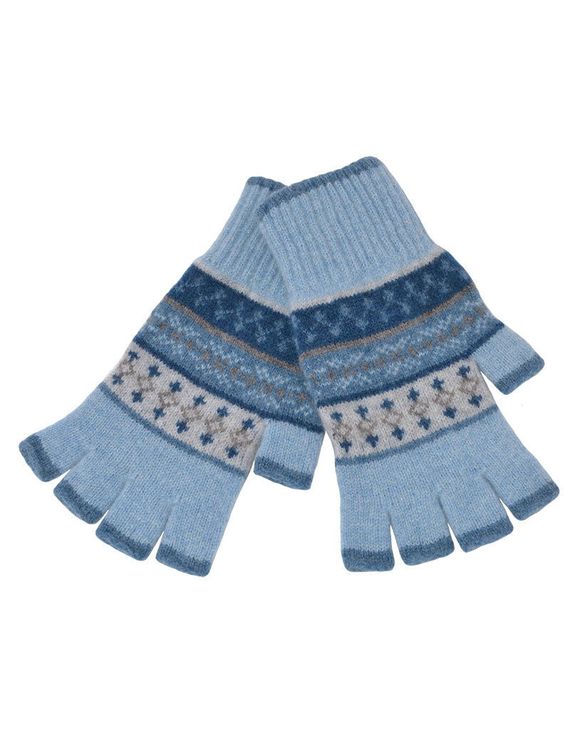 pale blue wool fair isle fingerless gloves in Marischal pattern