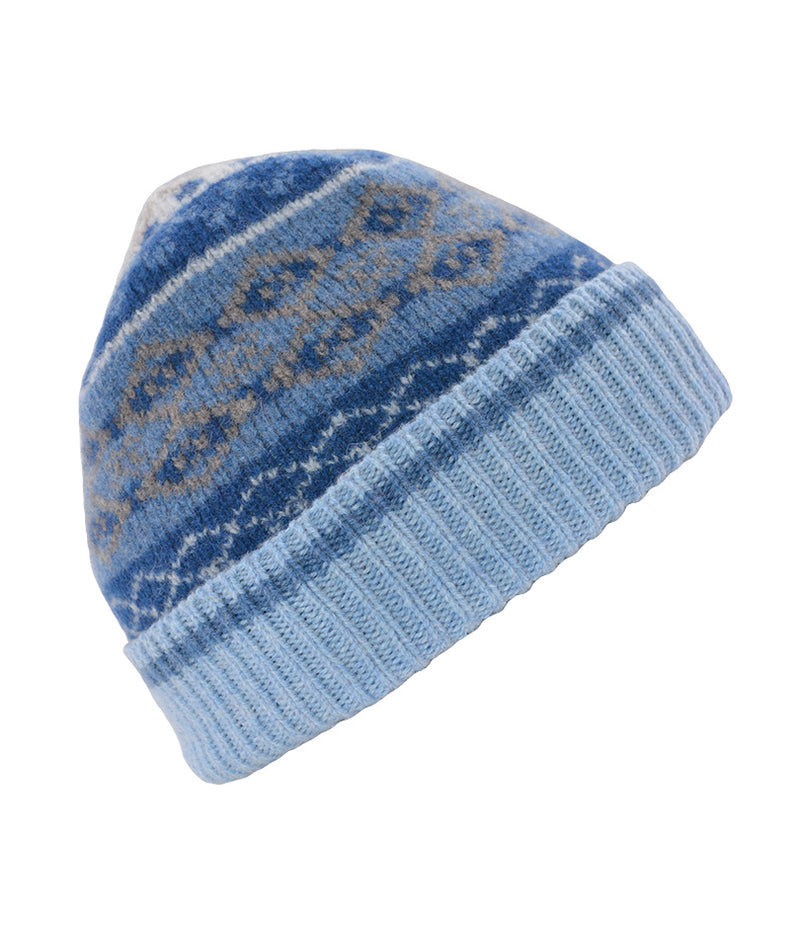 blue wool fair isle beanie hat in marischal pattern