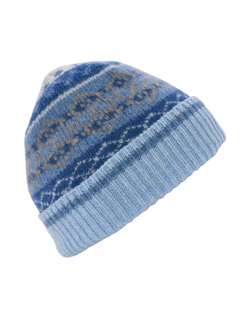 blue wool fair isle beanie hat in marischal pattern