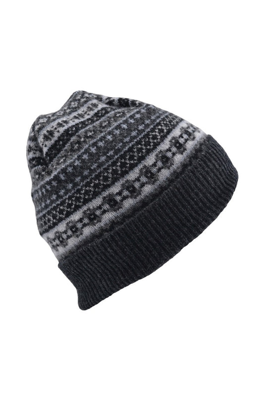 fair isle beanie hat grey wool tweed