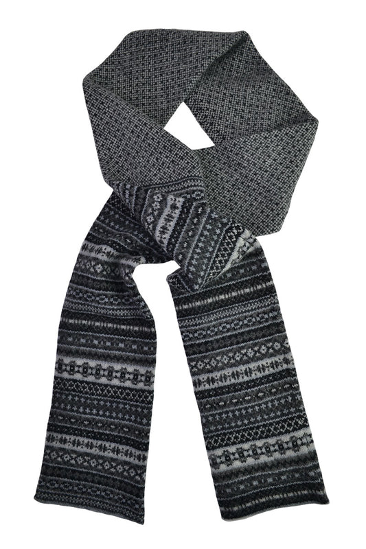 fair isle scarf grey black charcoal lambs wool tweed