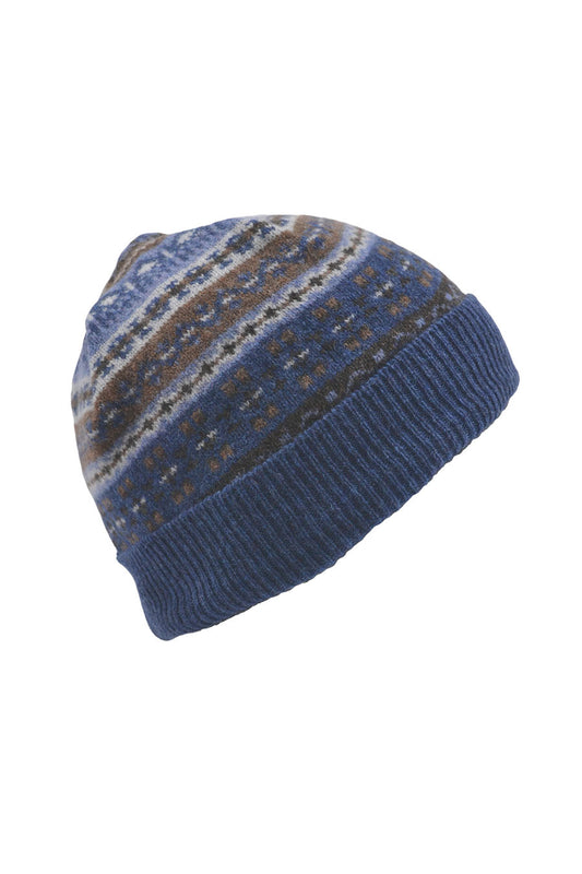 fair isle wool beanie hat blue brown clyde