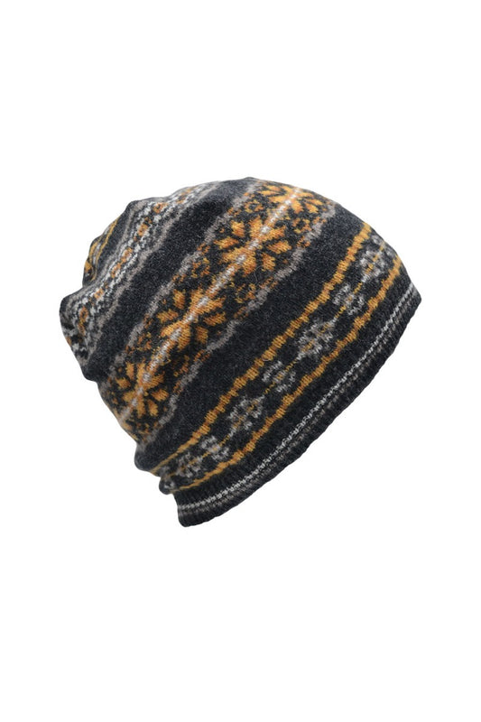 fair isle wool beanie hat charcoal yellow mustard scalloway