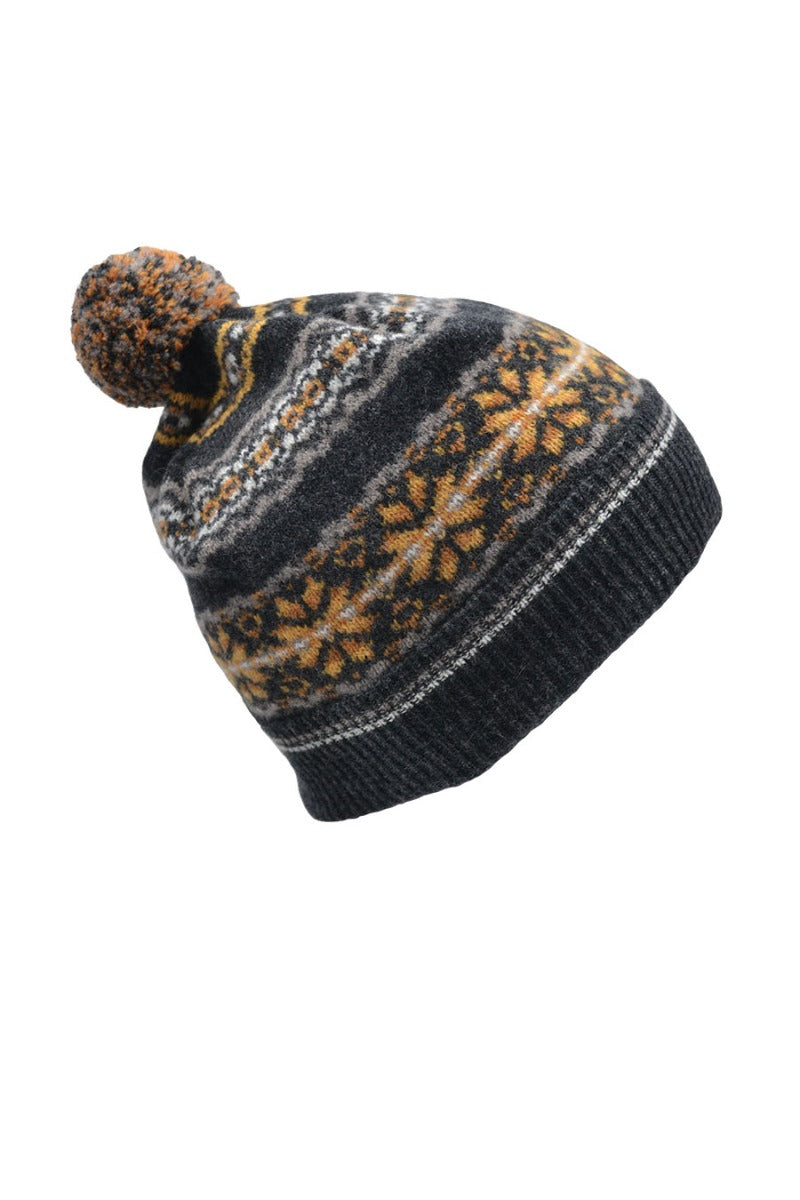 fair isle wool hat charcoal yellow mustard pom scalloway