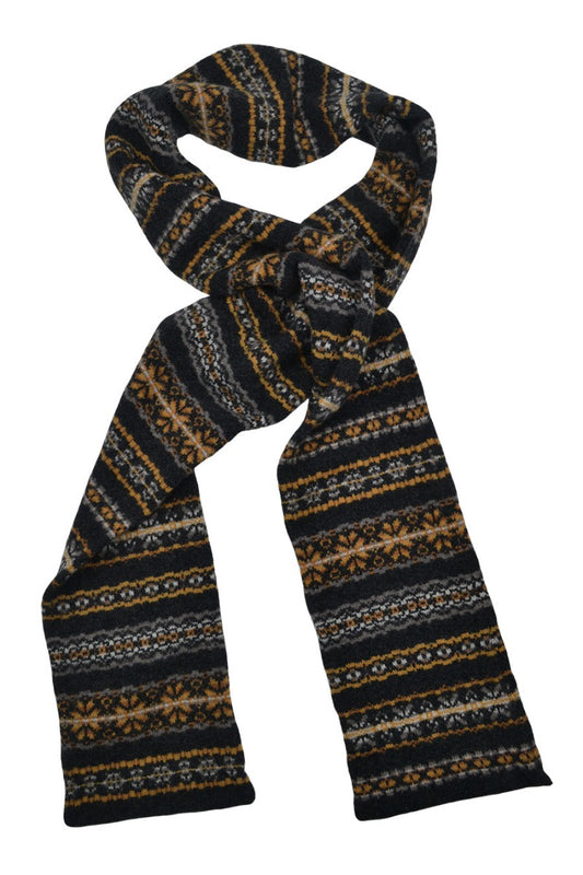 fair isle wool scarf charcoal yellow mustard scalloway