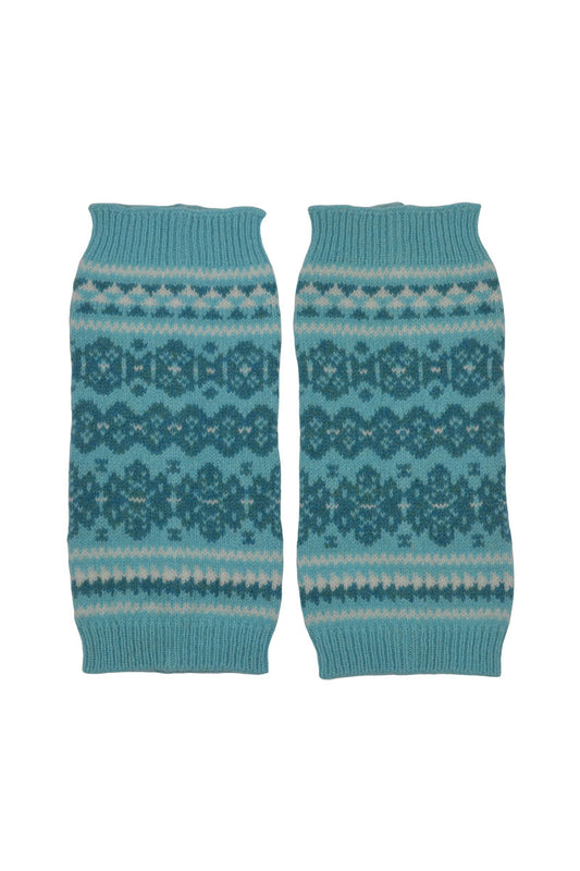 Fair isle fingerless gloves hand wrist warmers aqua Scottish lambs wool Stockbridge