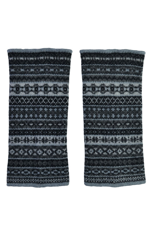 Fair isle wrist warmer gloves. black grey. lambs wool. fingerless hand warmers