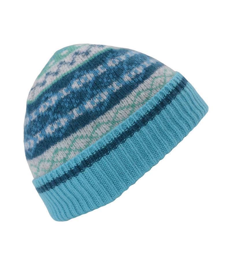 turquoise fair isle wool beanie hat in marischal pattern