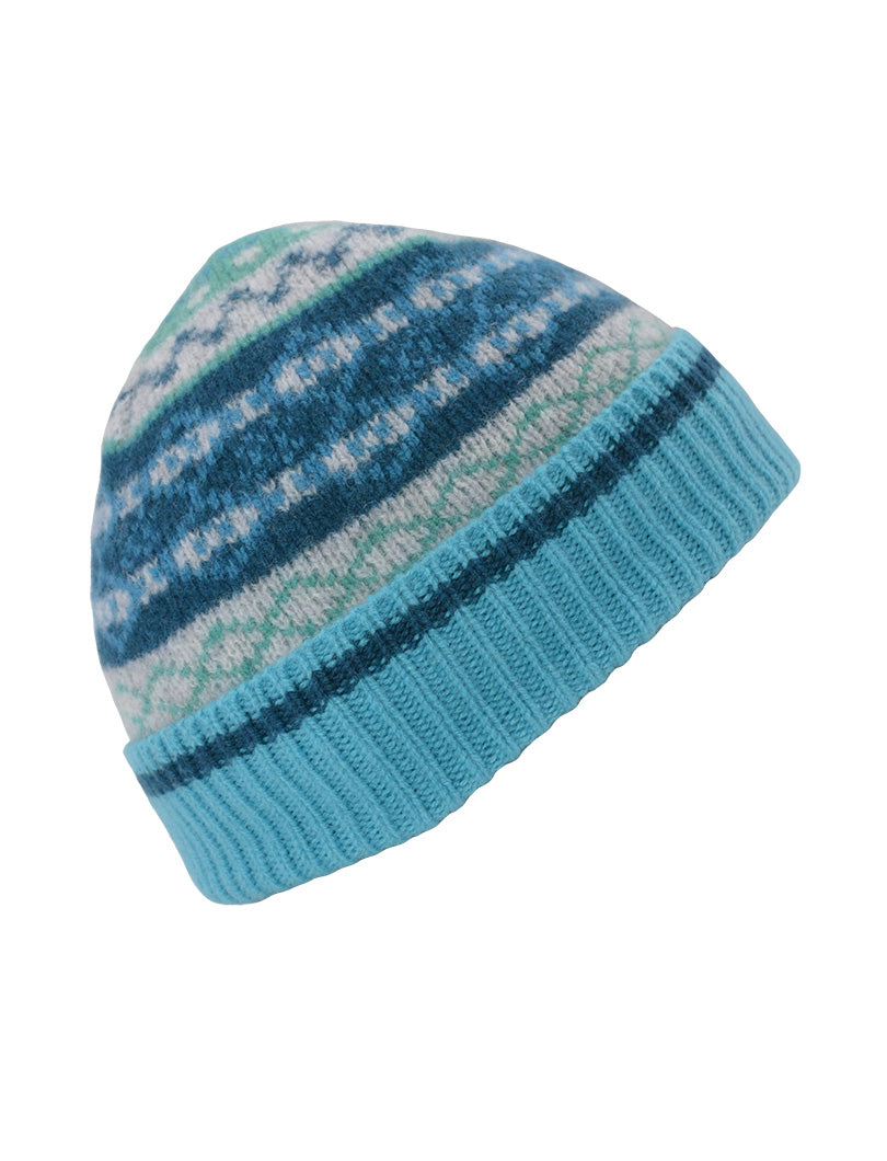 turquoise fair isle wool beanie hat in marischal pattern