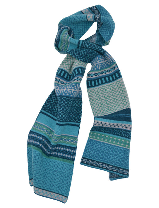 turquoise and teal wool fair isle scarf  in marischal pattern