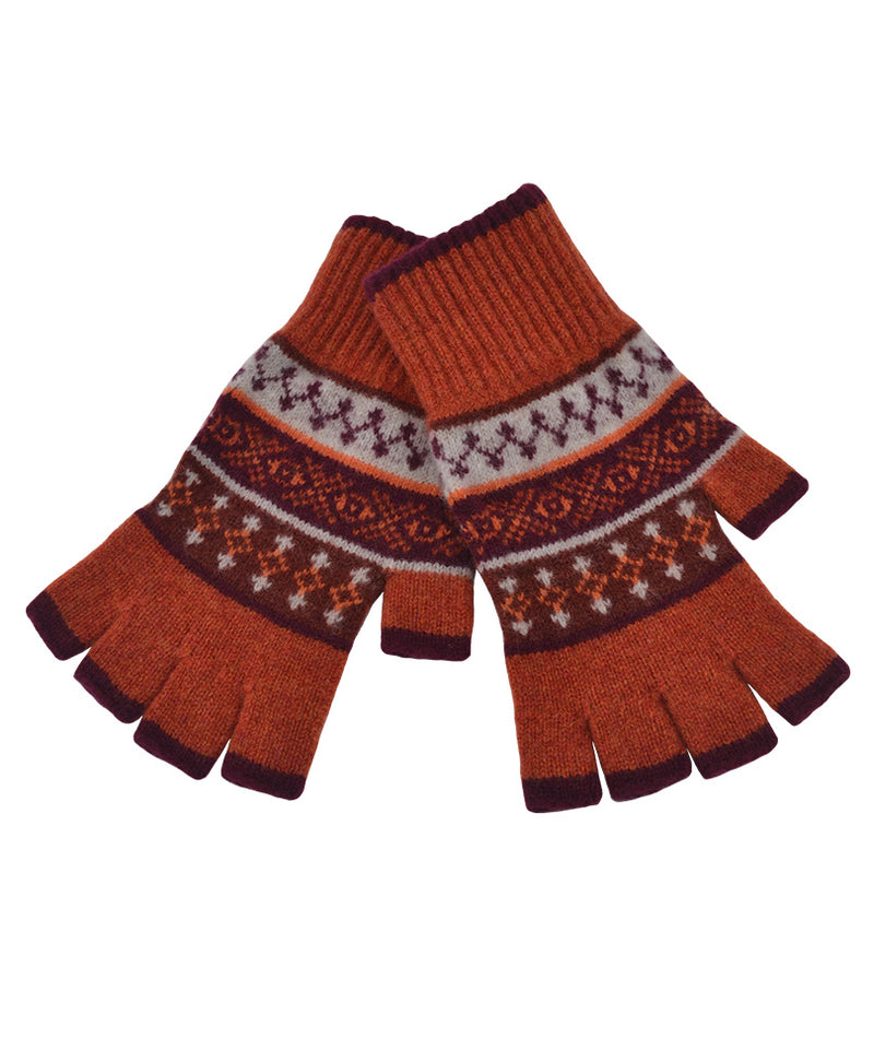 orange wool fair isle fingerless gloves in Marischal pattern