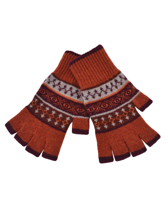 orange wool fair isle fingerless gloves in Marischal pattern