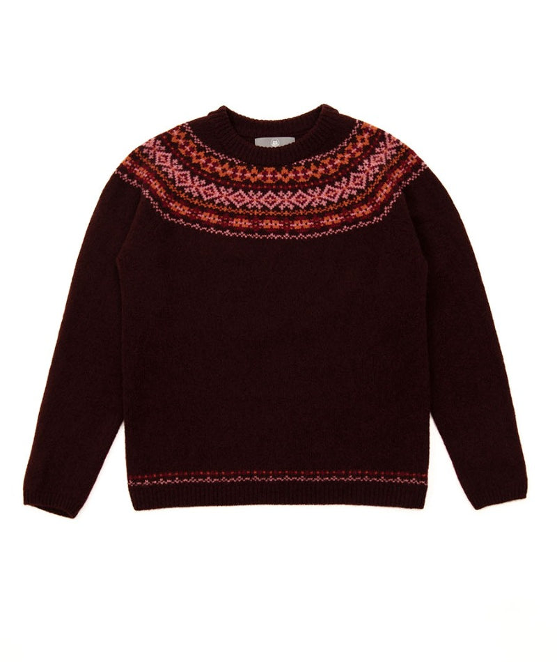 Geelong lambs wool fair isle yoke jumper burgundy