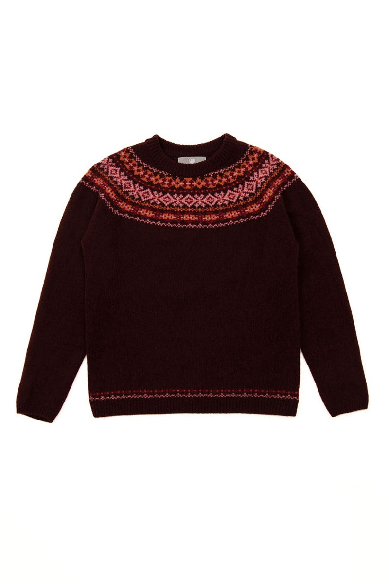 Geelong lambs wool fair isle yoke jumper burgundy