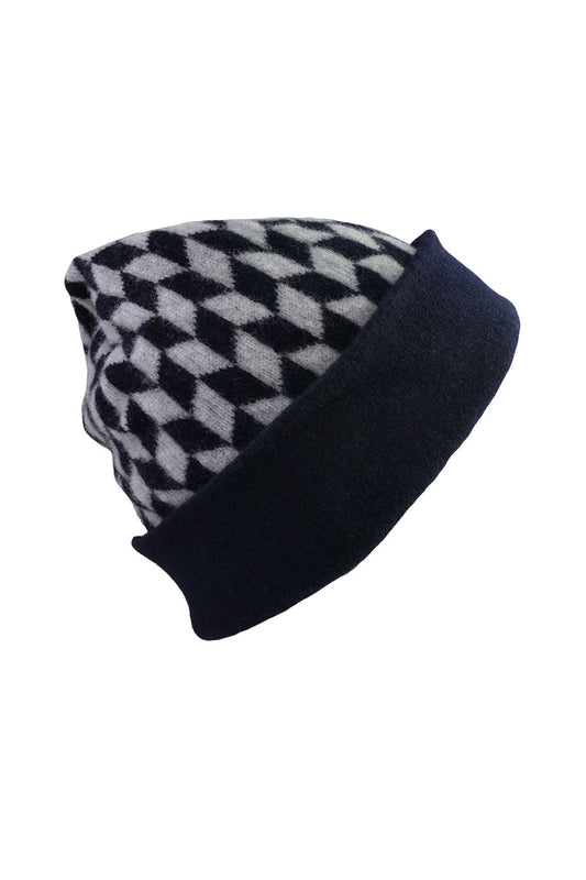 Lambs wool beanie hat navy blue grey Graphic Chevron