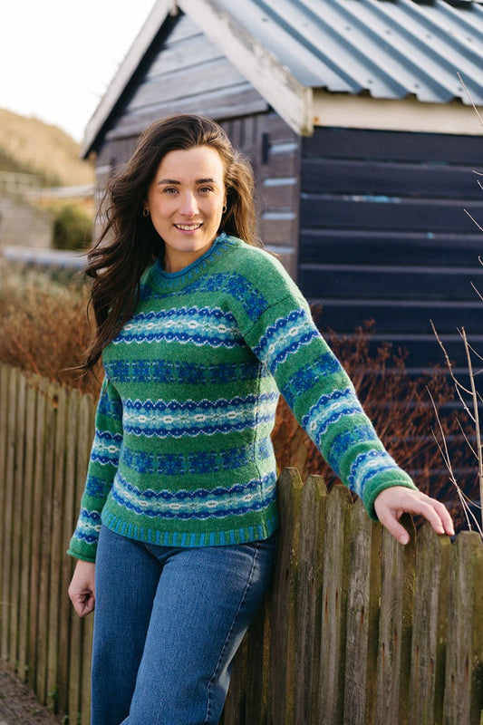 green shetland wool fair isle jumper sweater pitmedden blue