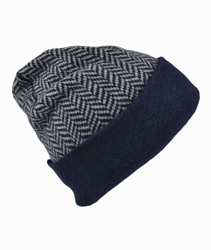 Scottish lambswool herringbone beanie hat - blue