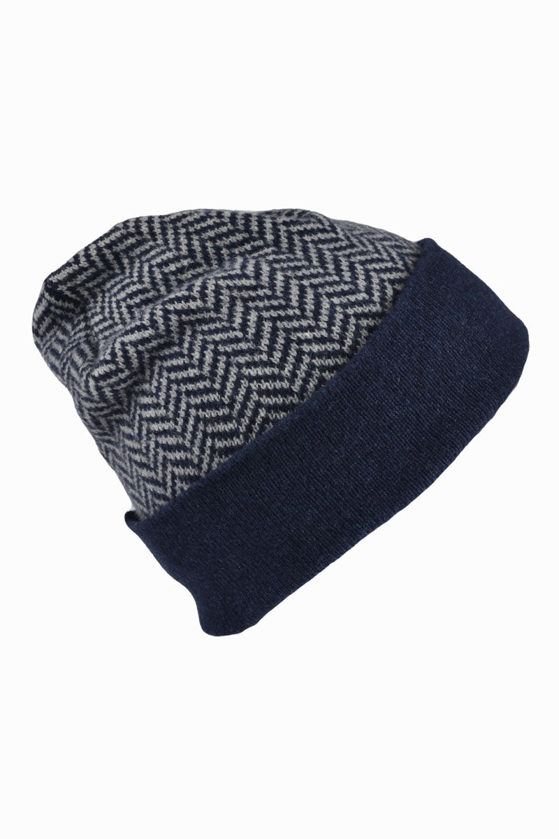 Scottish lambswool herringbone beanie hat - blue