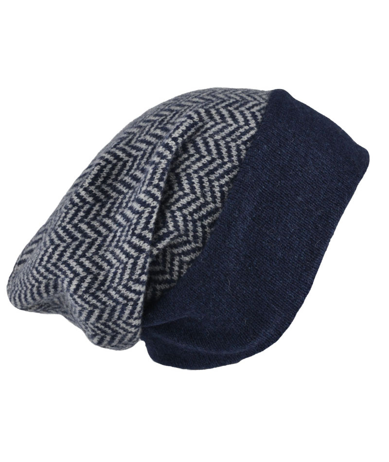 Scottish lambswool herringbone beanie hat - blue. Slouchy