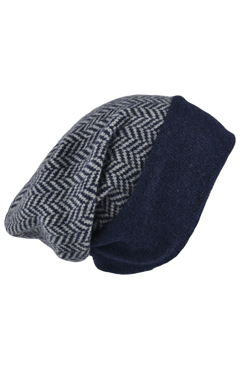 Scottish lambswool herringbone beanie hat - blue. Slouchy