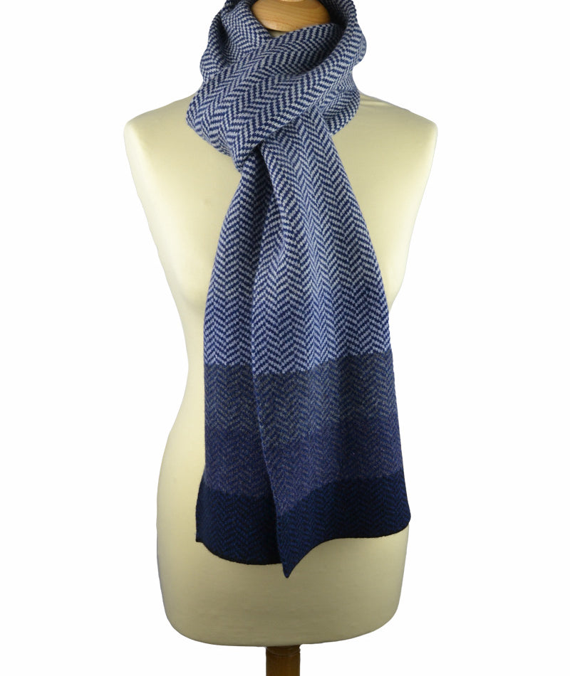 Scottish Lambswool Striped Herringbone Scarf in Blue