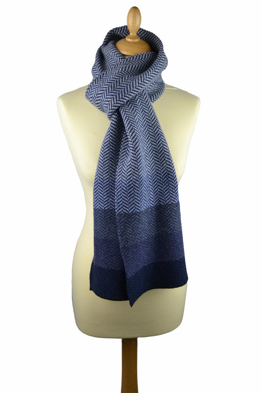 Scottish Lambswool Striped Herringbone Scarf in Blue