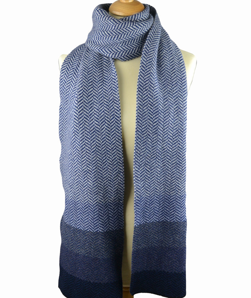 Scottish Lambswool Striped Herringbone Scarf in Blue - looped