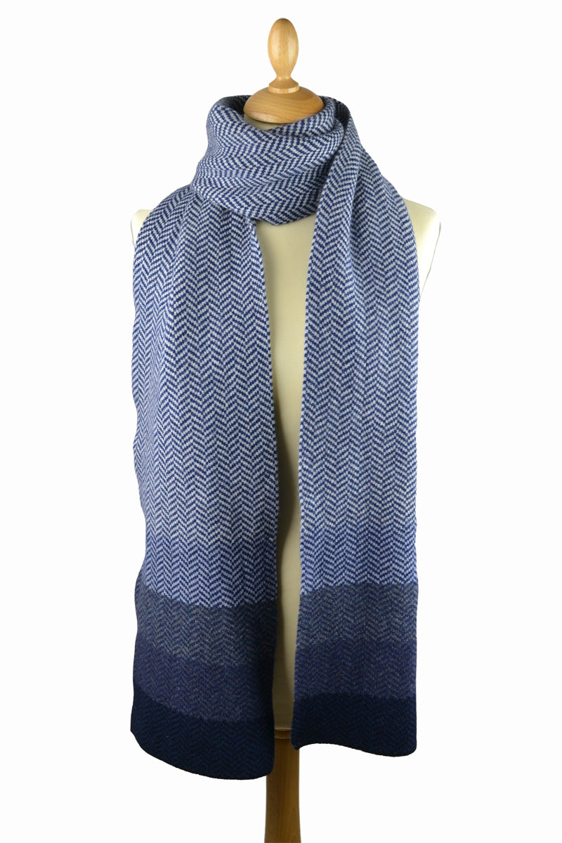 Scottish Lambswool Striped Herringbone Scarf in Blue - looped