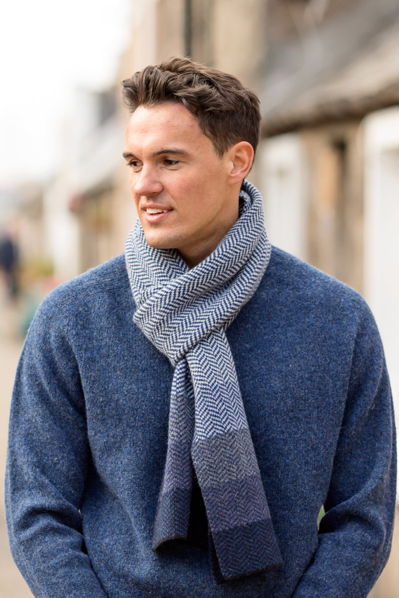 herringbone striped scarf Scottish lambswool navy blue