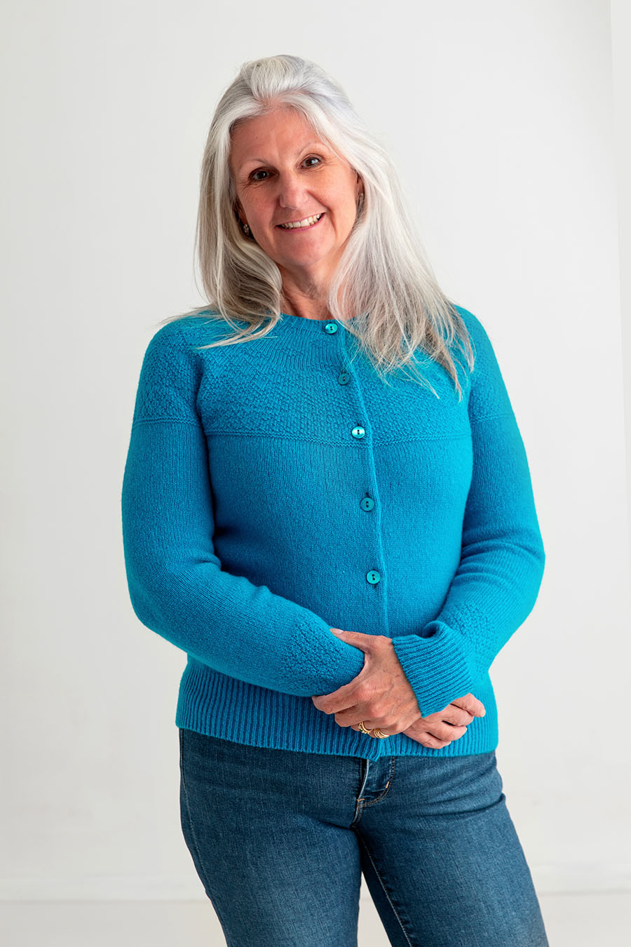 Womens Gansey Cardigan in Turquoise Geelong Superfine Lambs wool The Croft House