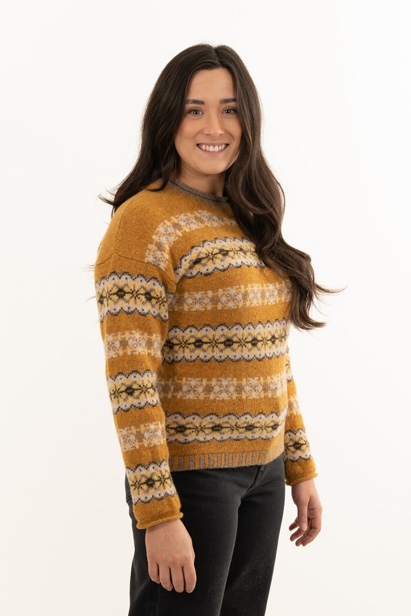 ladies yellow fair isle jumper sweater mustard wool pitmedden