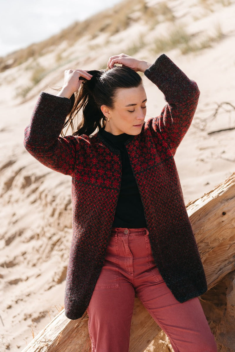 long fair isle cardigan coat red grey wool