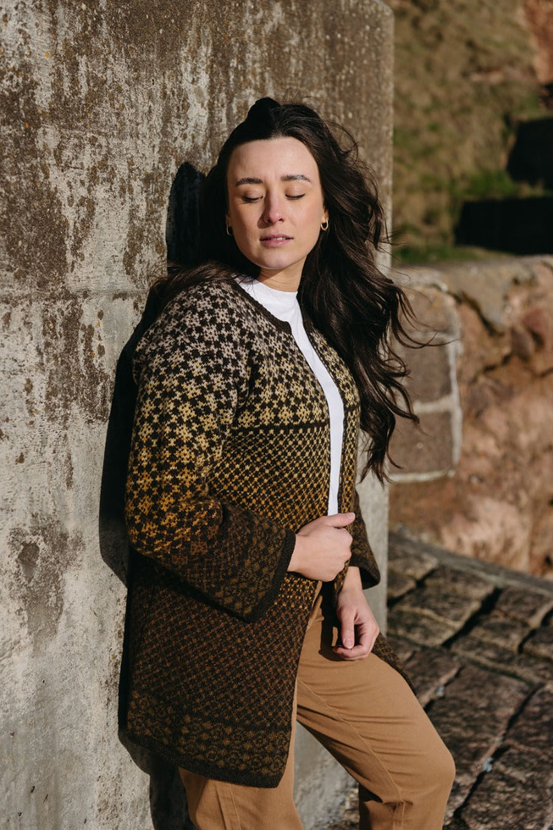 long fair isle cardigan coatigan yellow brown