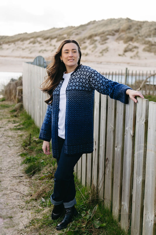 long fair isle cardigan coatigan blue white wool