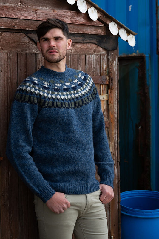 mens blue wool fair isle jumper staffa yoke