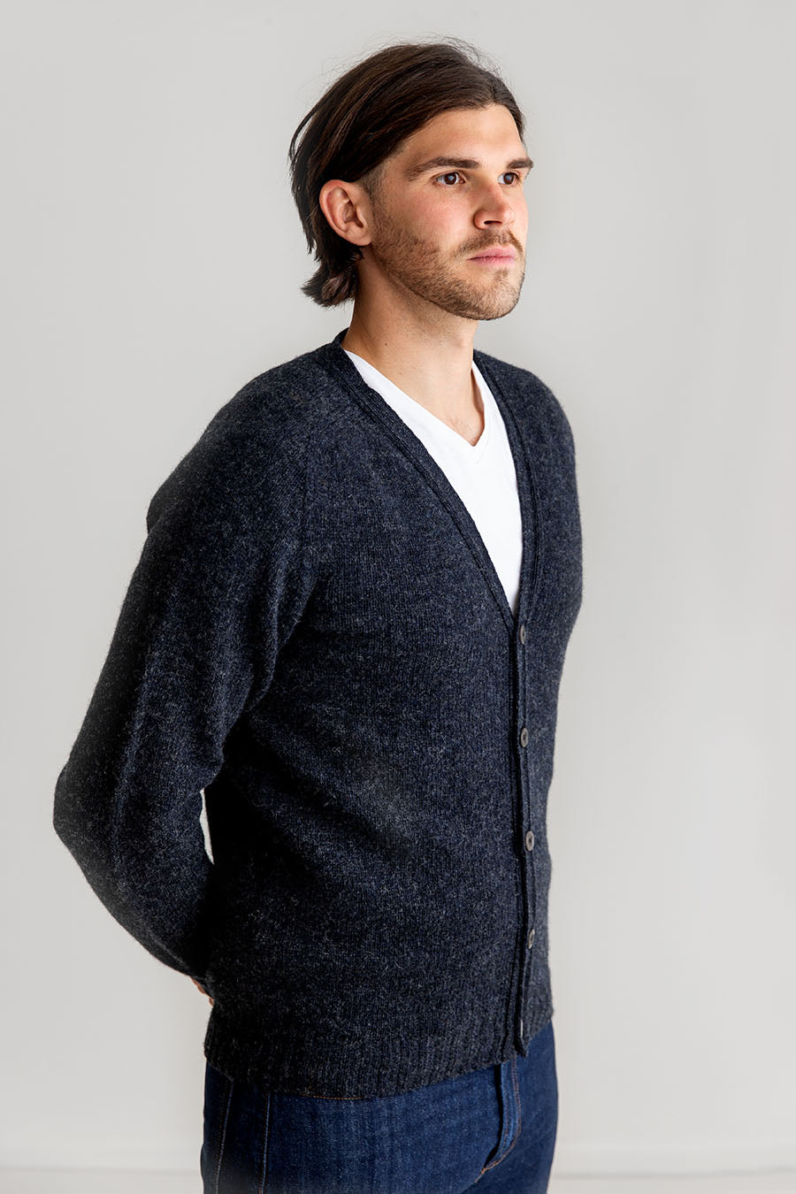 Mens Saddle Shoulder Shetland Cardigan Charcoal