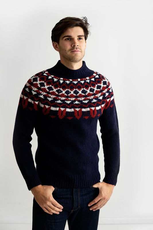 mens fair isle chunky wool yoke jumper sweater navy blue red brodgar