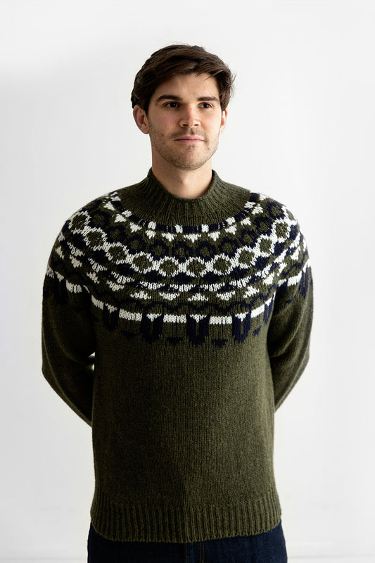 mens fair isle wool jumper sweater green yoke brodgar khaki