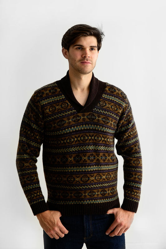 Mens fair isle jumper sweater shawl collar brown Lerwick