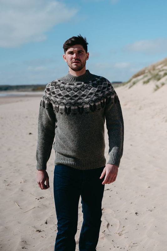 mens fair isle yoke jumper brodgar oyster brown