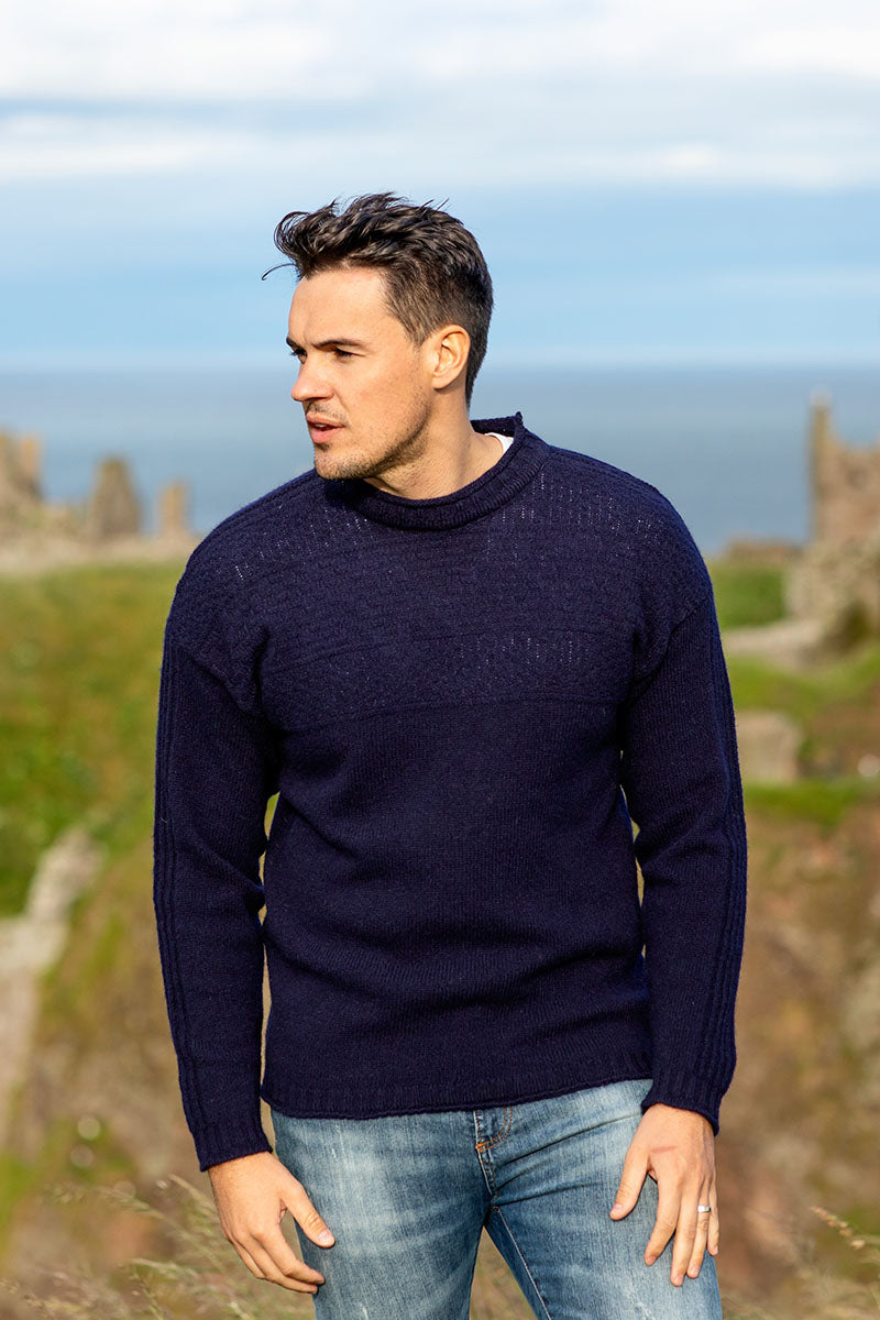 Mens navy blue gansey guernsey jumper sweater. breakwater pattern