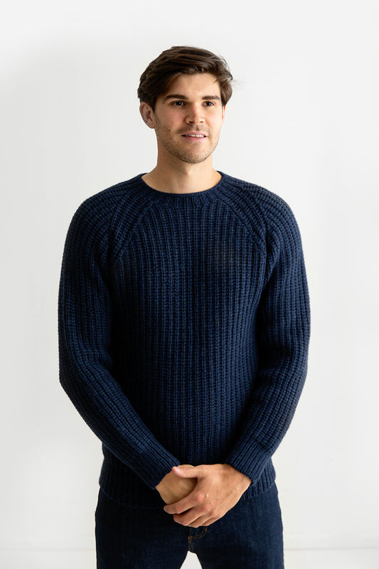 mens navy blue fisherman rib lambs wool jumper sweater geelong