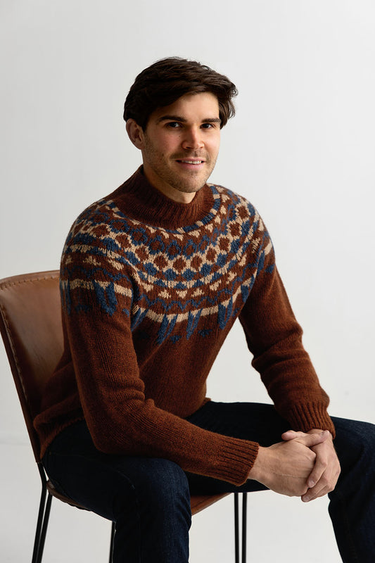 mens fair isle yoke jumper sweater rust shetland wool brodgar