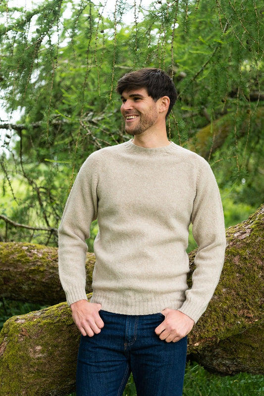 mens oatmilk beige shetland wool jumper sweater crew round neck