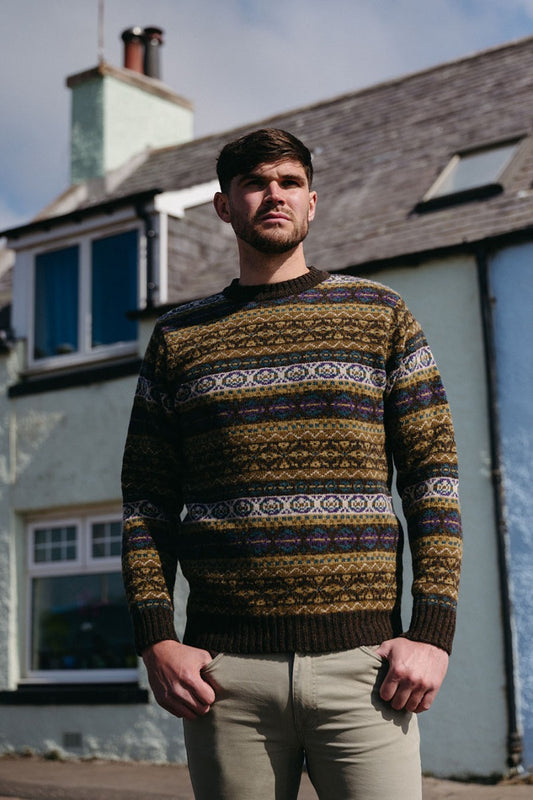 mens wool fair isle jumper brown purple olive drumtochty