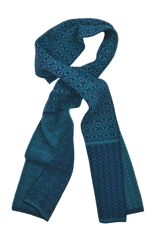 fair isle lambs wool scarf teal navy blue rubislaw