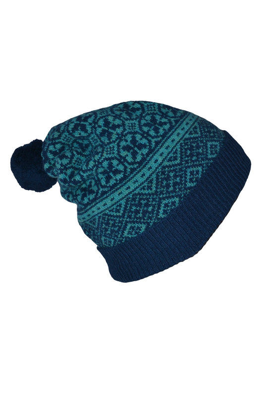 fair isle ski pom hat teal navy blue lambs wool rubislaw