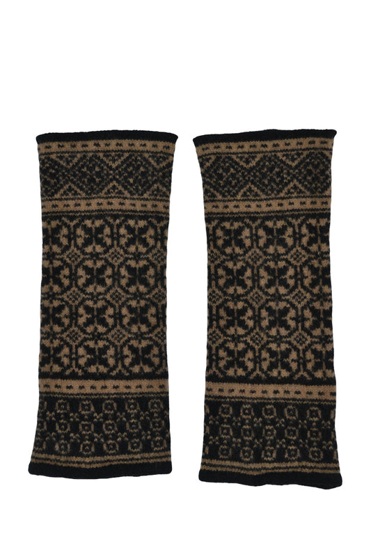 Rubislaw fair isle wrist warmer fingerless gloves camel black